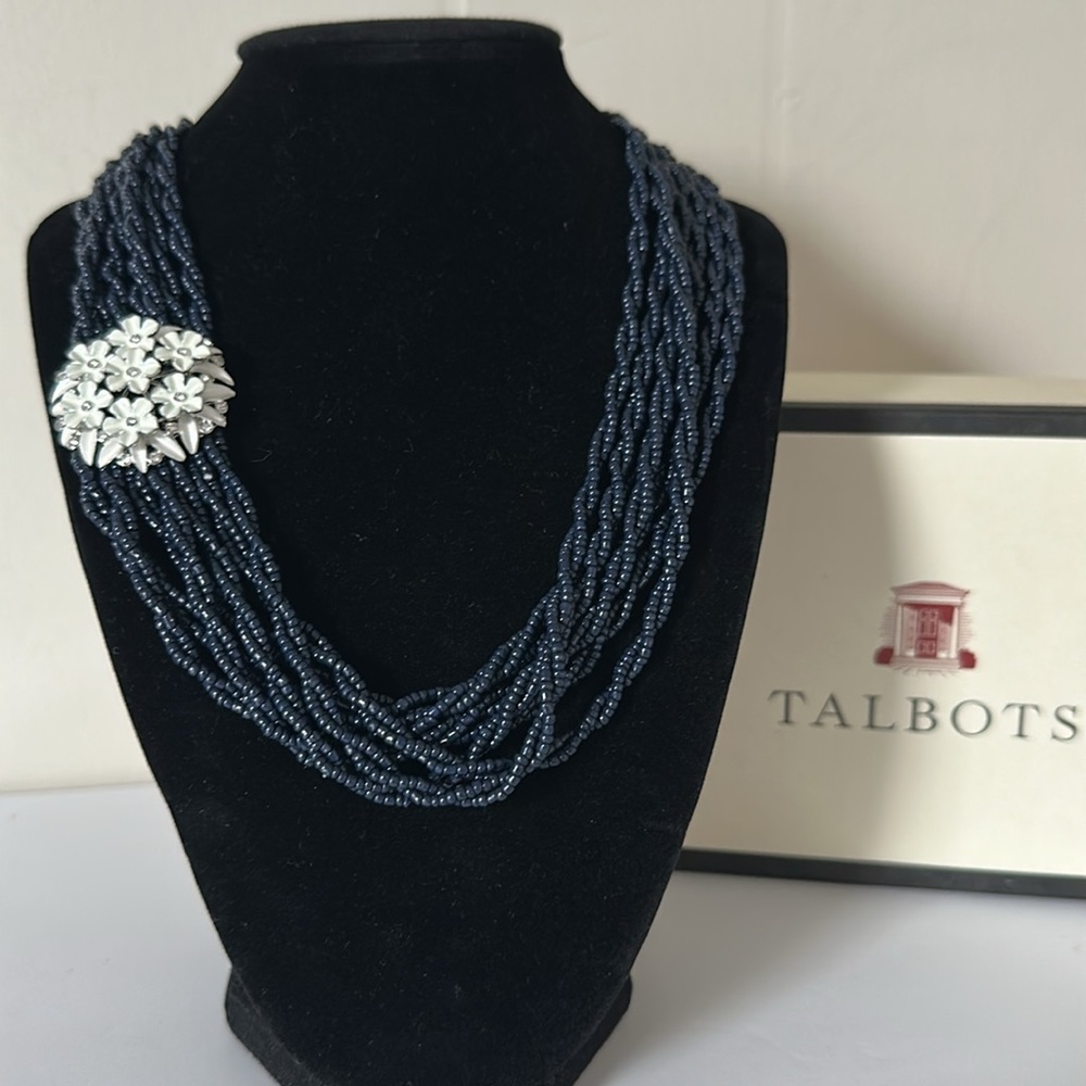 Talbots Multi Strand Navy Necklace with White Floral Medallion